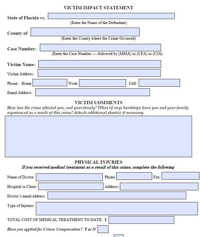 Screenshot of a fillable PDF Victim Impact Form