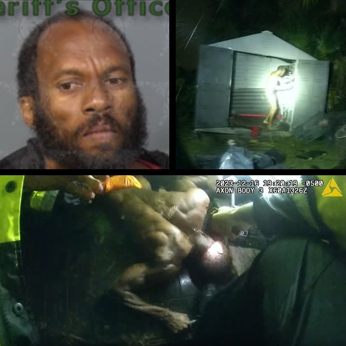 Photo collage that includes George McFatten's jail booking photo;  McFatten nude and grabbing items in a storage shed, from police body camera video; McFatten restrained but still resisting officers on the shed floor.