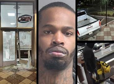 Photo illustration showing Lenell Barnes' arrest photo; the damaged jewelry store; the pickup truck Barnes drove; and the ski-masked burglar inside the store.