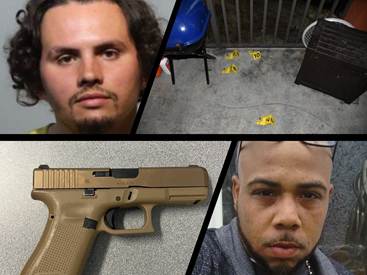 Photo collage. Joel Ferrer upper left, shot and killed David N. Jackson, lower right,  at a Fern Park apartment. He unsuccessfully claimed self-defense. Also shown are the shooting scene with crime-scene markers and the handgun used in the shooting. 