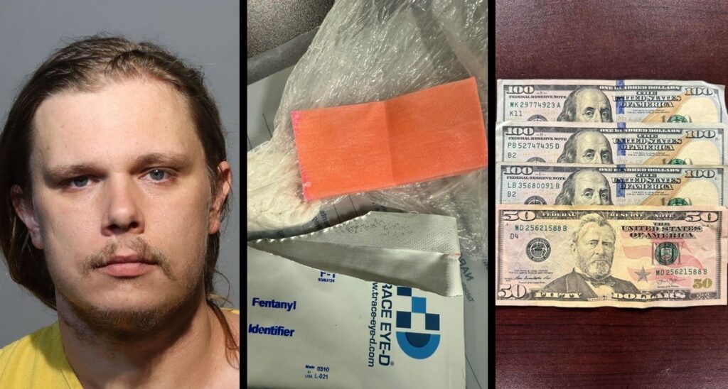 Three photos shown: Corey Drier's jail booking photo; the fentanyl with a test kit; cash used in drug deal.