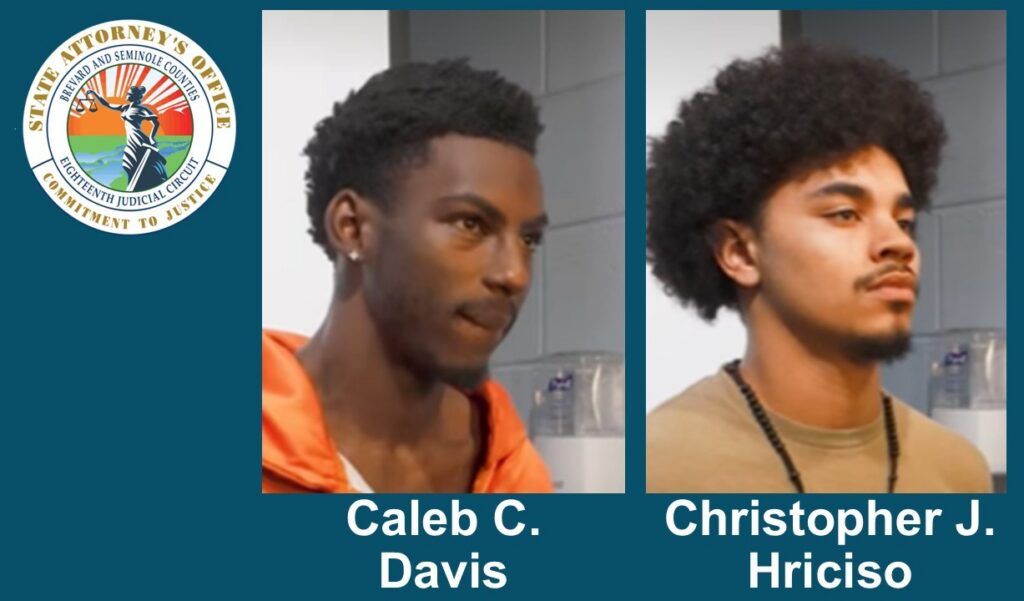 Palm Bay Police photos of Caleb C. Davis and Christopher J. Hriciso, who have been indicted for murdre