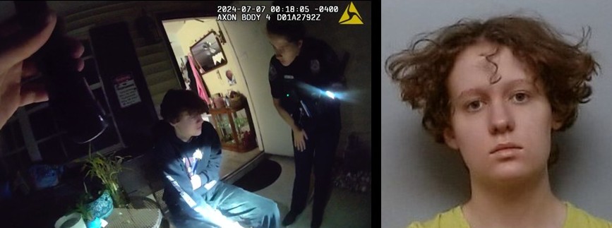 Photo of Julia Egler talking to police officers who responded to the murder scene. 